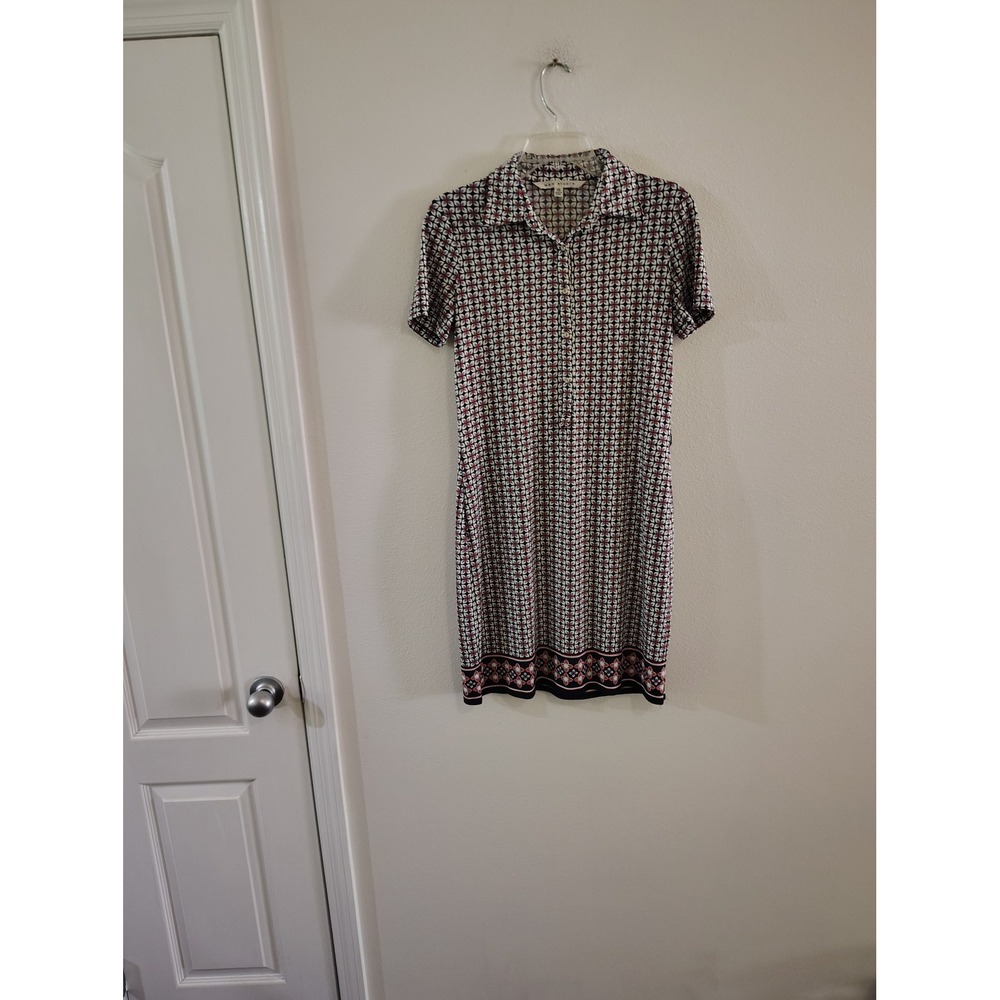 Max Studio Womens XS Geometric Floral Print Short Sleeve Shift Dress Navy Coral‎